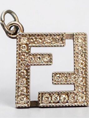 FENDI FF Crystal Logo Charm Pendant – Gold Tone Double F Pavé Square